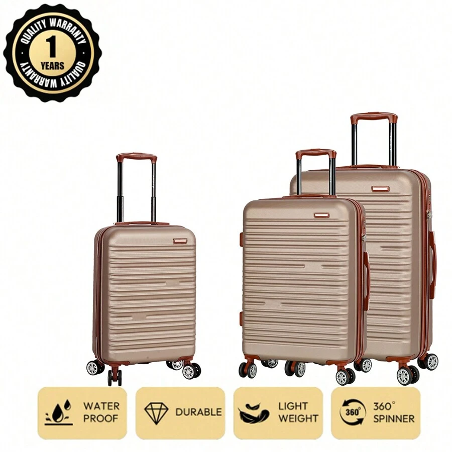 Set di 3 valigie da 20+24+28 pollici, marchio europeo, design francese, in materiale ABS, espandibili, con ampia capacità, ruote silenziose, serratura di sicurezza, impermeabili, resistenti all'usura, garanzia di 1 anno, essenziali per il viaggio, must-have per le vacanze, decorazioni eleganti, basics di moda, leggere e confortevoli, regalo speciale per la famiglia, prodotto top, contrasto di colori luminosi primavera/estate, adatto per uomini e donne, valigia da cabina per compagnie low-cost - Champagne - Visualizzare 1