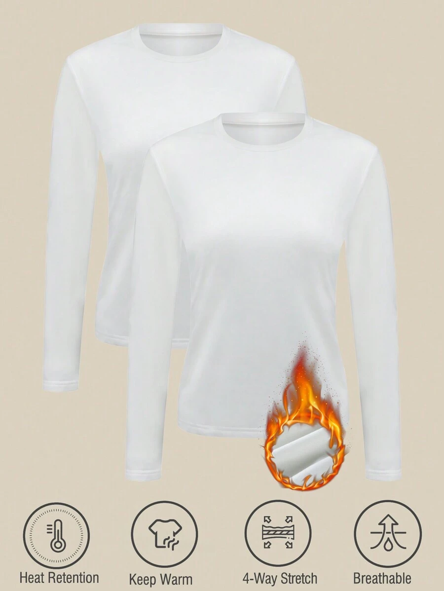 2 件装女士运动保暖 T 恤秋冬季微绒衬里打底衫多功能底层运动训练 T 恤