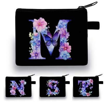 Girls Coin Purse In /I/J/L/M/N/O/S/T/W, Festive Alphabet/Flower Printed Coin Purse - Casual Style, Polyester Material, Hand Wash Or Dry Clean