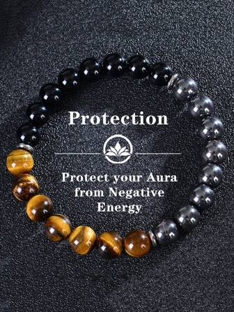 3-Layer Protection Bracelet: 8mm Tiger Eye Stone & Round Crystal (Gemstone Elastic Bracelet)