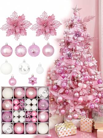 44pcs-Christmas Ball Ornaments Pink And White Christmas Ornaments Set And Christmas Flower For Christmas Tree Decoration Shatterproof Christmas Hanging Balls For Xmas Party Home Decor