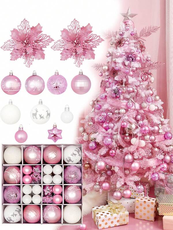 44 pezzi - Set di palline di Natale rosa e bianche, fiori di Natale per decorazione albero di Natale, palline di Natale infrangibili per decorazione casa e feste di Natale