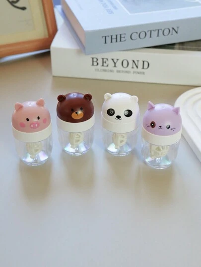 XIANG YU 1 Piece Manual Spin Contact Lens Cleaner, Cute Cartoon Design, Featuring A Cat, Bear, Pig, And Panda. Colorful Contact Lens Companion Box For Soaking, Storing, And Cleaning Contact Lenses For Travel And Home Use.Makeup