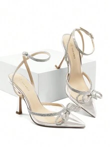 Women's Rhinestone Bow High Heels Ankle Strap Pumps Closed Toe Strappy Heels Sexy Fashionable Wedding Bridal Party Dress Shoes - 銀色透明 - 查看 5