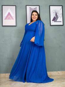Women's Plus Size Long Dress Slit Cape Sleeve Shiny Color Elegant New Year's Eve Parties - 寶藍色 - 查看 1