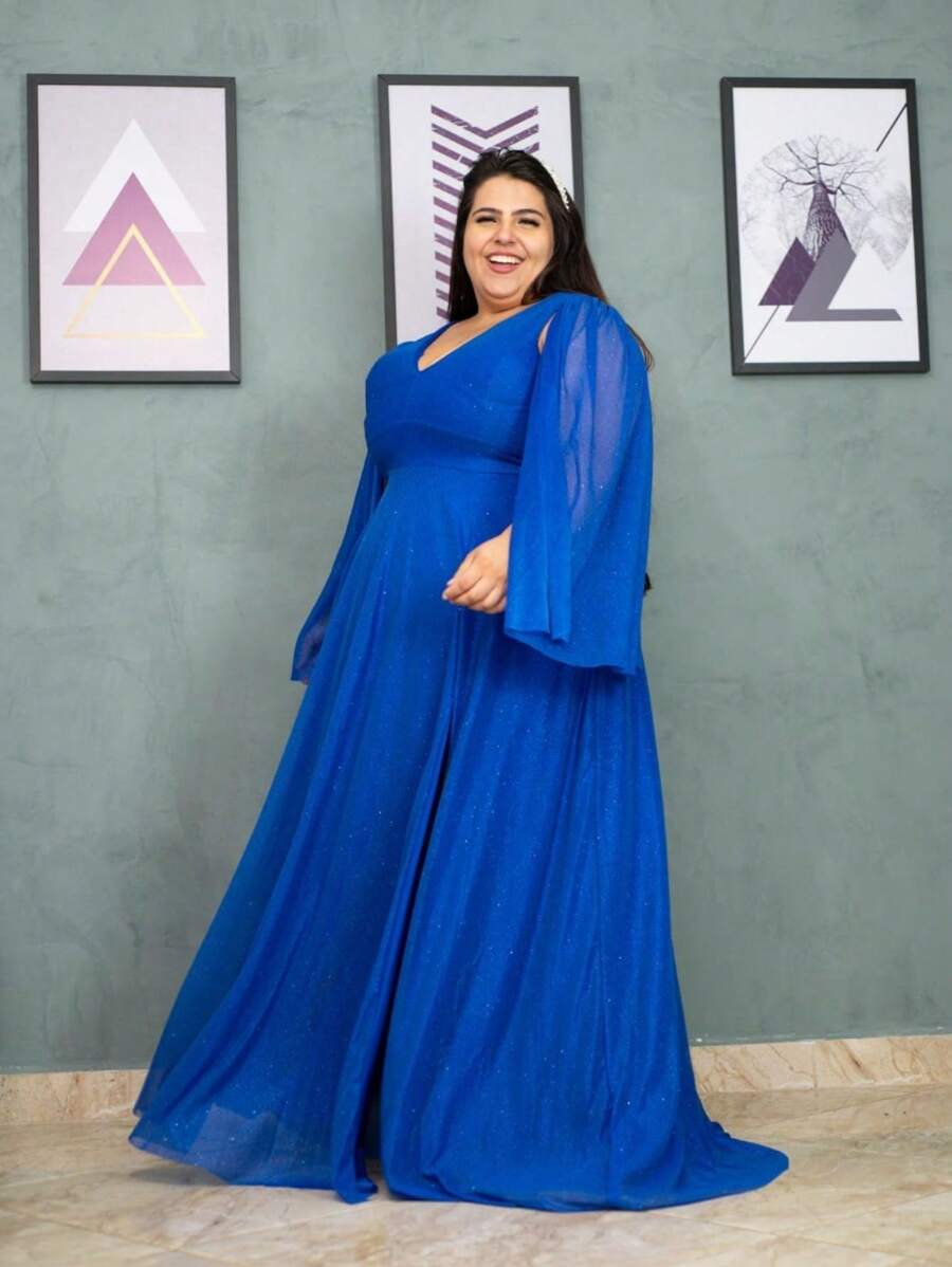 Women's Plus Size Long Dress Slit Cape Sleeve Shiny Color Elegant New Year's Eve Parties - 寶藍色 - 查看 1