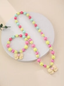 Kids Heart & Bow Beaded Necklace & Bracelet Set For Girls