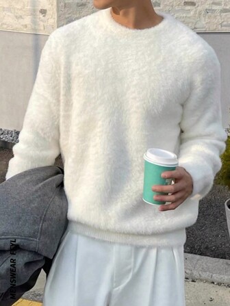 Överdimensionerad, avslappnad, enfärgad stickad tröja, lös streetwear-unisexdesign, mjuk fleece med rund hals och långärmad tröja, lämplig för höst och vinter