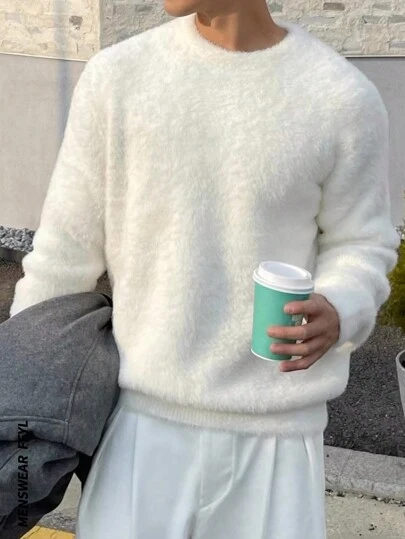 Oversized Casual Solid Color Knitted Sweater, Loose Streetwear Unisex Design, Soft Fleece Crew Neck Long Sleeve Pullover, Suitable For Autumn And Winter