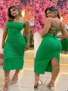 Long Strapless Dress With Slit At The Back - màu xanh lá - Xem 3
