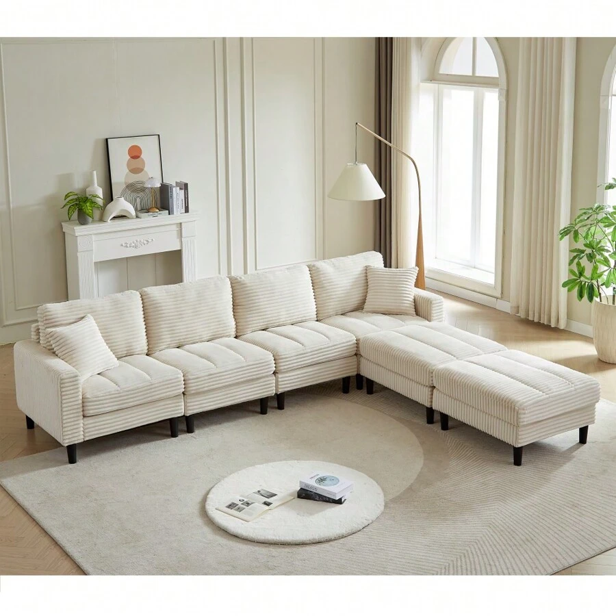 122.5-Inch Oversized U-Shaped Modular Sofa, Corduroy Fabric Sofa, Living Room Sectional Sofa With 2 Pillows, Two Ottoman, Plastic Leg, Black - Beige + Corduroy + Foam + 4 Seat - View 1