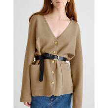 Womens V Neck Cardigan Button Loose Knit Sweater Blazer Open Front Elegant Cardigans With Pockets - 卡其色 - 查看 3