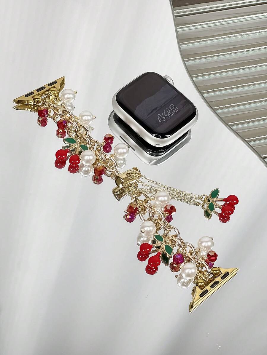 1pc Red Cherry Pearl Beaded Gold Decor Bracelet Band, Suitable For Apple Watch Ultra/SE/10/9/8/7/5/4/3/2/1 Series, And Ultra2/Ultra/SE/38/41/42/44/45/46/49mm, Fashionable Bracelet Accessory For Women. Best Gift For Girlfriend And Friends, Comfortable Wear, Fits Wrist Closely, Only Includes Band, Watch And Case Not Included.