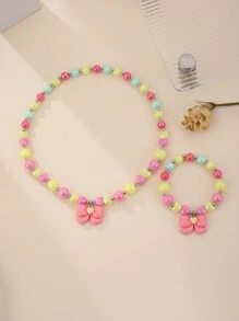 Kids Heart & Bow Beaded Necklace & Bracelet Set For Girls