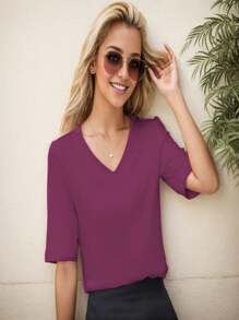 OUTBALL Women's V Neck T Shirts Basic Summer Tees Casual Half Sleeve Tops - Màu Đỏ Sâu - Xem 3