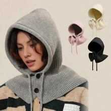 1pc Knitted Hat And Scarf Set, 2-In-1 Thick Neck Warmer Hooded Hat, Autumn/Winter Warm Ear Protection - A - View 8