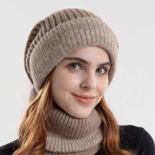 2 Pieces Knitted Soft And Fleece Bib 2 Pieces Knitted Hat And Scarf Slouchy Beanie Hat Set Women's Fashion Knitted Hat Soft Cold Beanie Scarf Set