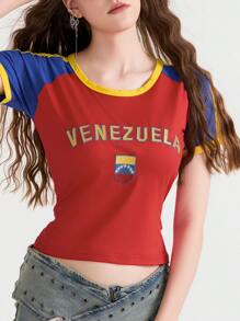 Y2k Baby Tees Women Raglan Short Sleeve Graphic Printed Tees Crop Tops Contrast Color Slim Fit T Shirts Teen Girls Summer Vintage Aesthetic Clothes Streetwear - 彩色 - 查看 4