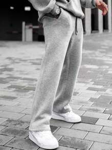 男士休闲直筒抽绳腰裤，纯亚麻灰色，宽松运动裤配白色腰带，时尚街头风格，适合所有季节，侧口袋