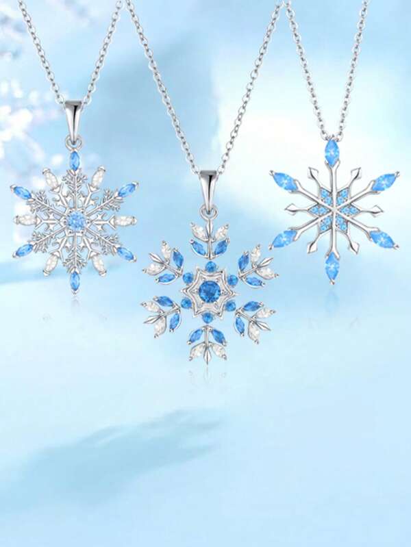 1pc Christmas Jewelry Aquamarine Snowflake Pendant Necklace, Suitable For Women's Daily Wear, Girlfriend/Wife/Mother Birthday Christmas Romantic Gift