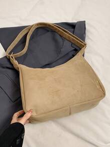 大容量休闲绒面毛绒装饰手提包，拼布色块单肩斜挎包，优雅百搭通勤手提包，适合女士 - 卡其色 - 查看 8