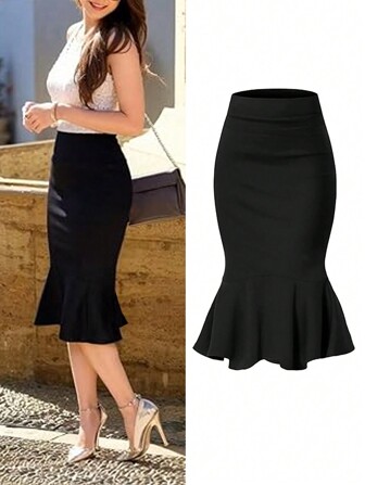Women's Office/Commute High Waist Knee-Length Slim Fit Pencil Skirt, Elastic Polyester Blend, Suitable For All Seasons