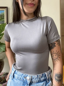 Slim Fit Short Sleeve Baby Tee Comprehension Blouse - Grey - View 2