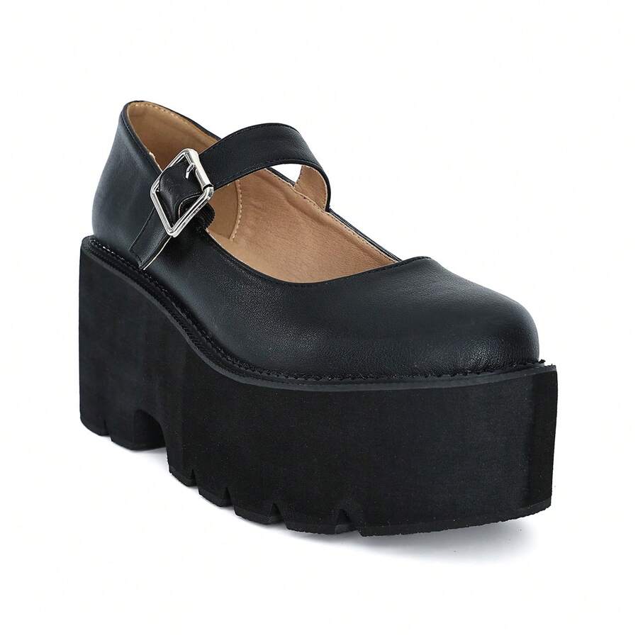 Ladies Retro Casual Slip-On Footwear - Women's Platform Mary Jane Shoes Vintage Round Toe Buckle Strap - màu đen - Xem 1