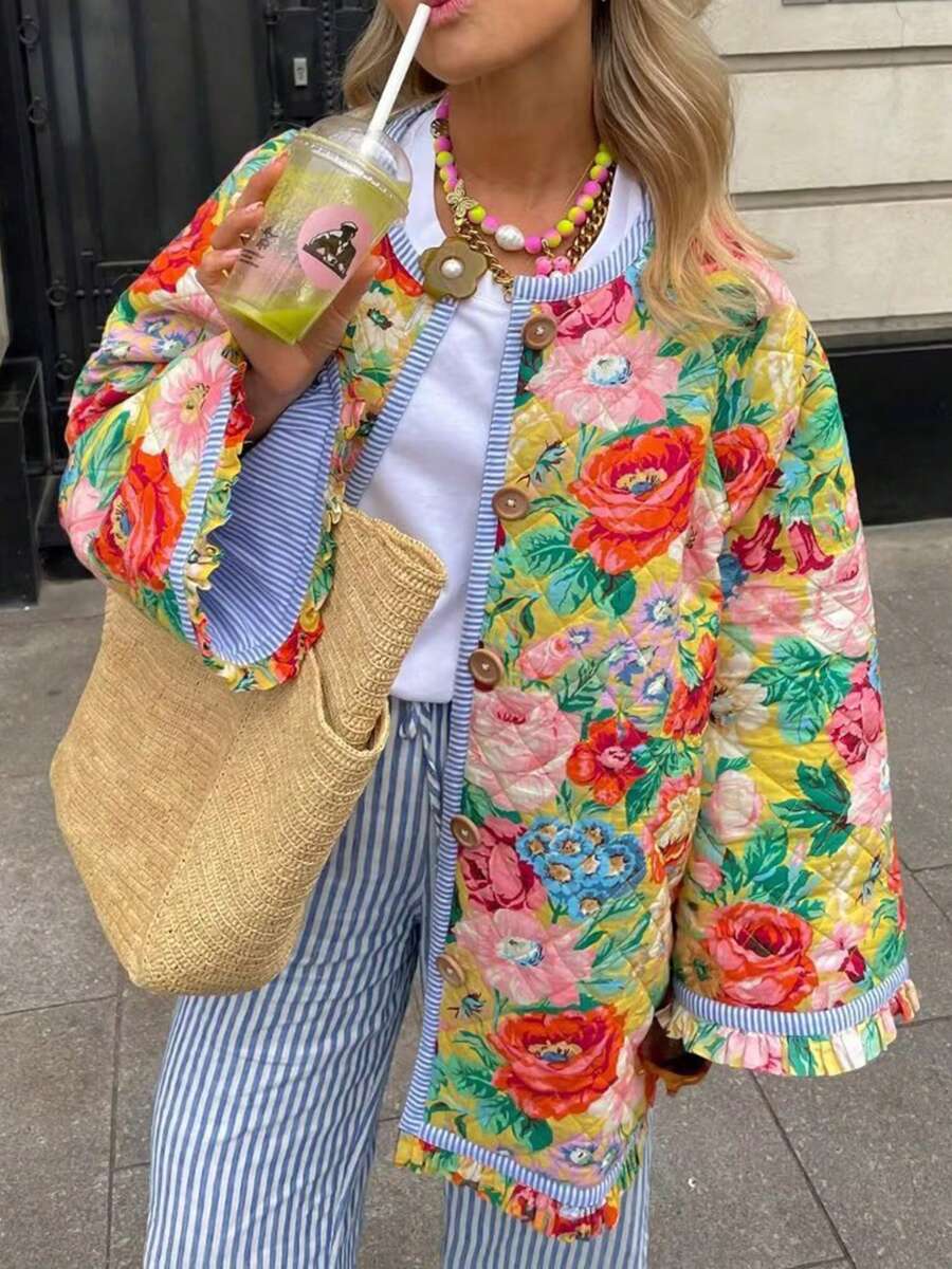 Women Winter Loose Quilted Jacket Floral Print Button Down Long Sleeve Padded Coat Warm Outwear - màu sắc - Xem 1