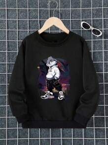 Jungen & Teenager Studenten Lässig Bedrucktes Schwarzes Pullover-Sweatshirt Mit Rundhalsausschnitt, Herbst/Frühlingsjacke