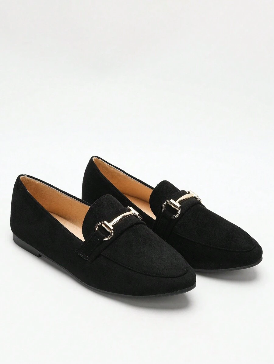 Giày lười đế bằng vải nhung mới mùa thu/đông dáng rộng cho nữ, trang trí kim loại, giày đế bằng đa năng - màu đen - Xem 1