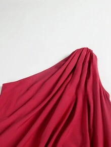 Elegant Sleeveless One Shoulder Slit Hem Solid Color Dress - Red - View 5