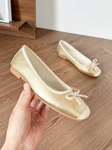HanDuEke 女士方头平底便鞋，带蝴蝶结装饰，舒适休闲平底鞋，金色 - 金色 - 查看 4