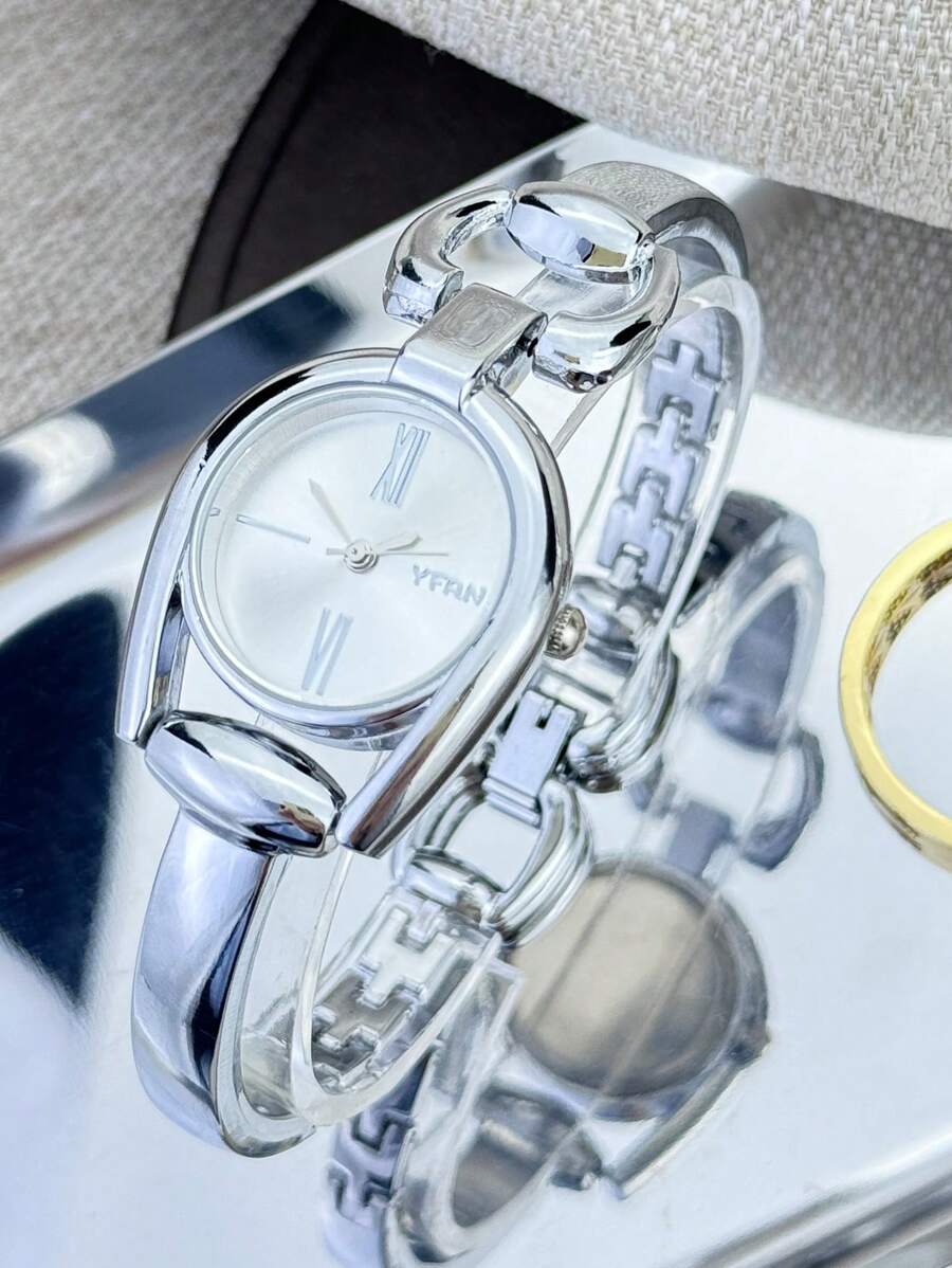 1件女款馬蹄形錶殼簡約彩色錶盤金屬合金錶帶時尚石英手錶，適合日常佩戴