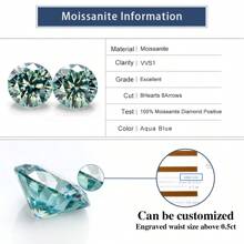 1 pezzo di pietra preziosa verde rotonda di moissanite autentica, pietre sintetiche con chiarezza VVS, taglio raffinato a 8 cuori e 8 frecce, ideale per gioielleria fai da te - mare blu - Visualizzare 5