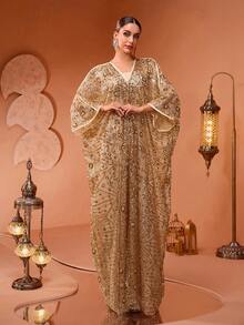 全新奢华高端优雅女士亮片珍珠刺绣蕾丝拼布开衫两件套土耳其长袍连衣裙