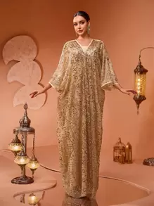 全新奢华高端优雅女士亮片珍珠刺绣蕾丝拼布开衫两件套土耳其长袍连衣裙