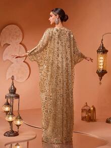 全新奢华高端优雅女士亮片珍珠刺绣蕾丝拼布开衫两件套土耳其长袍连衣裙