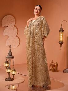 全新奢华高端优雅女士亮片珍珠刺绣蕾丝拼布开衫两件套土耳其长袍连衣裙