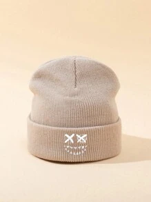 MAKEFGE 1pc Unisex Autumn/Winter Black Outdoor Casual Fashion Smiling Face Embroidery Beanie Hat, Soft Warm Simple Lightweight Knit Cap For Daily Matching