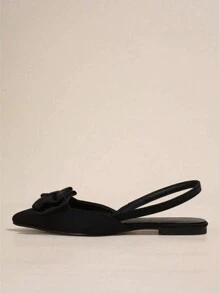 Women's Black Satin Ribbon Bow Pointed Toe Flat Mary Jane Shoes With Backstrap, Elegant & Comfortable For Work, Party Wear, Spring - Black - View 4