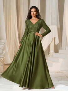 Faeriesty Robe de soirée avec corsage à sequins col en V profond et ourlet en satin - Vert olive - Voir 4