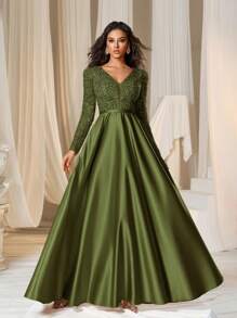 Faeriesty Robe de soirée avec corsage à sequins col en V profond et ourlet en satin - Vert olive - Voir 2