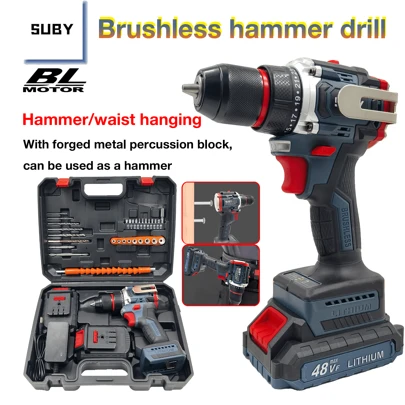  SUBY 无绳无刷冲击钻，配备 2 块 1200mAh 电池、1 个快速充电器和便携挂钩，适用于家居装修和 DIY