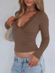 Women's Fashionable Sexy Fitted Lace Trim V-Neck Short Top, Y2K Style Long Sleeve T-Shirt