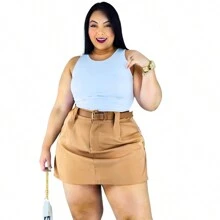 Short Skirt Plus Size Tailored With Belt Various Colors Summer - 套件 2 黑色/米色 - 查看 3