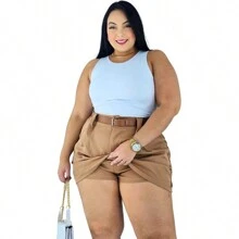 Short Skirt Plus Size Tailored With Belt Various Colors Summer - 套件 2 黑色/米色 - 查看 7