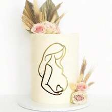 Pregnant Girl Silhouette, Abstract Line Art Cake Topper, Pregnant Girl Acrylic Happy Birthday Cake Topper, For Expectant Mothers Party Gold Mirror Cake Topper, Pregnant Lady Baby Shower Cake Topper. - Multicolor - View 2