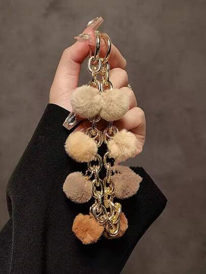 Dây đeo cổ tay kim loại khóa đôi màu nâu kaki lông xù Pompom cho ốp điện thoại, móc chìa khóa ô tô, mặt dây chuyền túi xách, mùa thu/đông