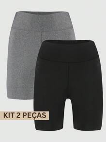 Kit 2 Women's Suplex High Waist Butt Lifting Fitness Gym Shorts - 灰/黑 - 查看 1